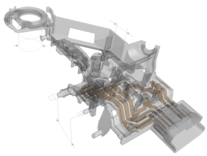 Une perspective d’un volume tomographique avec des volumes segmentés et des mesures dimensionnelles.
