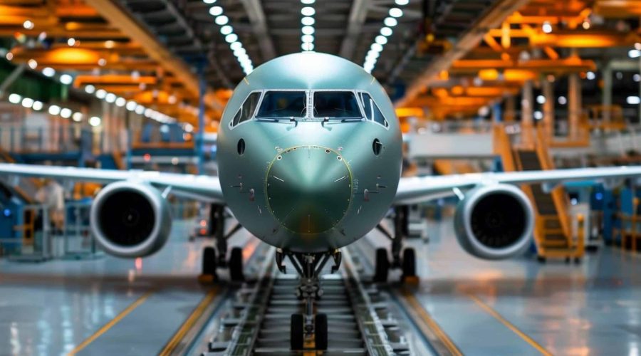 Un avion sur une chaine d'assembalge: les composants ont été contrôlés de manière non-destructive avant montage, les matériaux mis au point d'après une caractérisation poussé de leur microstructure, des analyses de santé matière, des essais in situ.