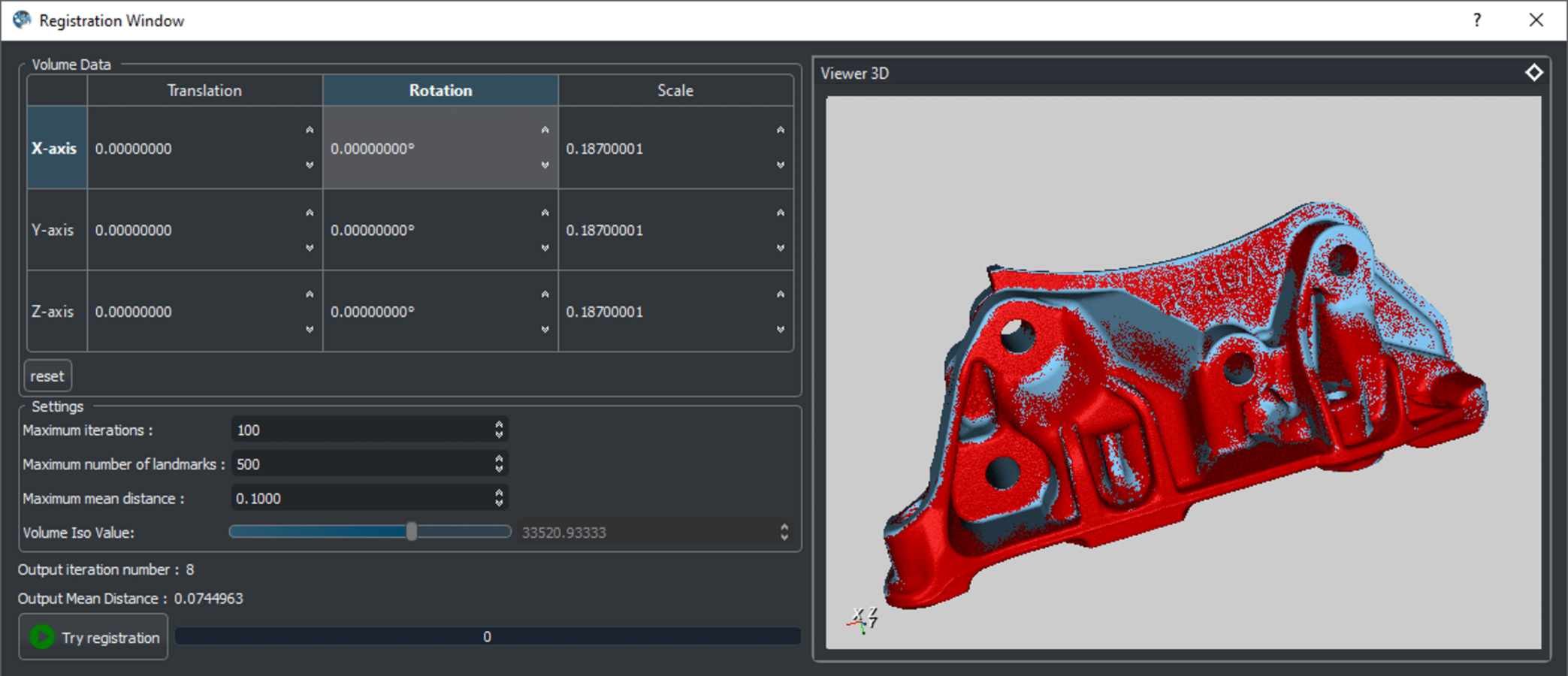 Superposition d'un volume de tomographie et d'un volume CAD avant application d'un cahier des charges de sanction