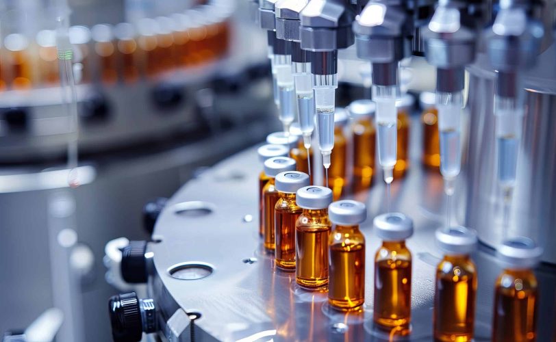 Conditionnement de médicament sous forme liquide dans des flacons. Le contrôle non-destructif du scellement garantit la conformité du produit. La mise au point de la formulation a fait l'objet de R&D: stabilité, principe actif, excipient. Les sujets de dissolution, encapsulation, stabilité sont des problématiques régulièrement abordées avec les techniques d'analyses avancées (synchrotron).